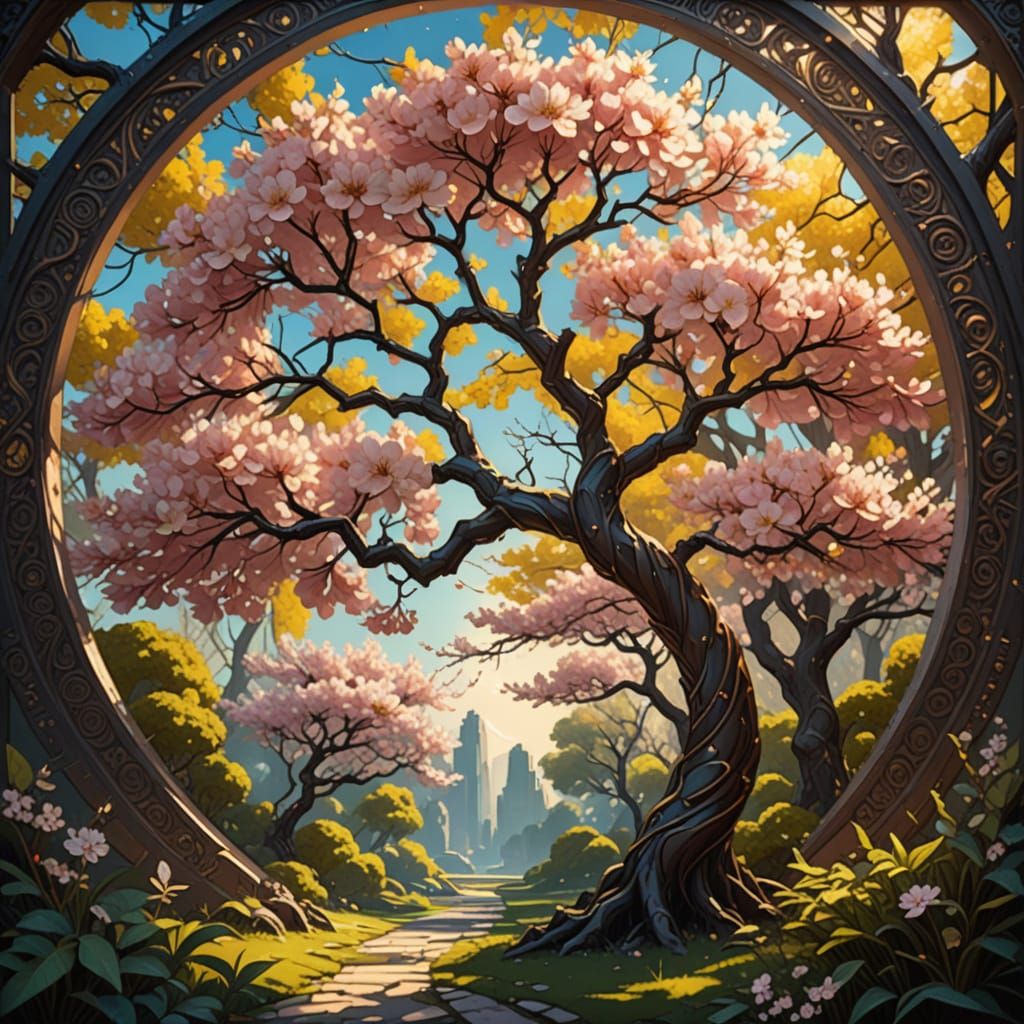 Neo-Impressionist Cherry Tree Triptych in Bloom