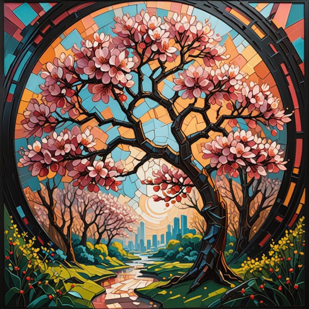 Vibrant Neo-Impressionist Cherry Blossom Triptych