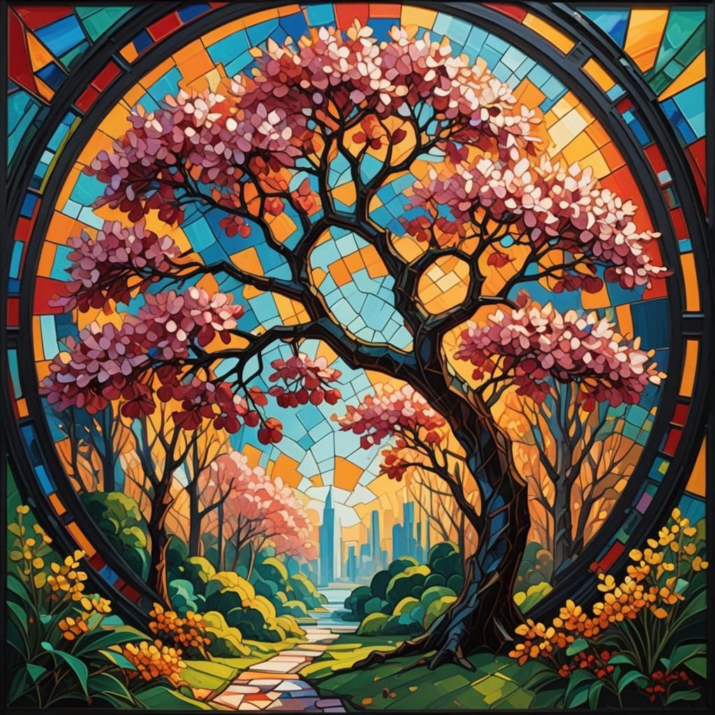 Fantastical Cherry Tree in Bloom, in Neo-Expressionist Style