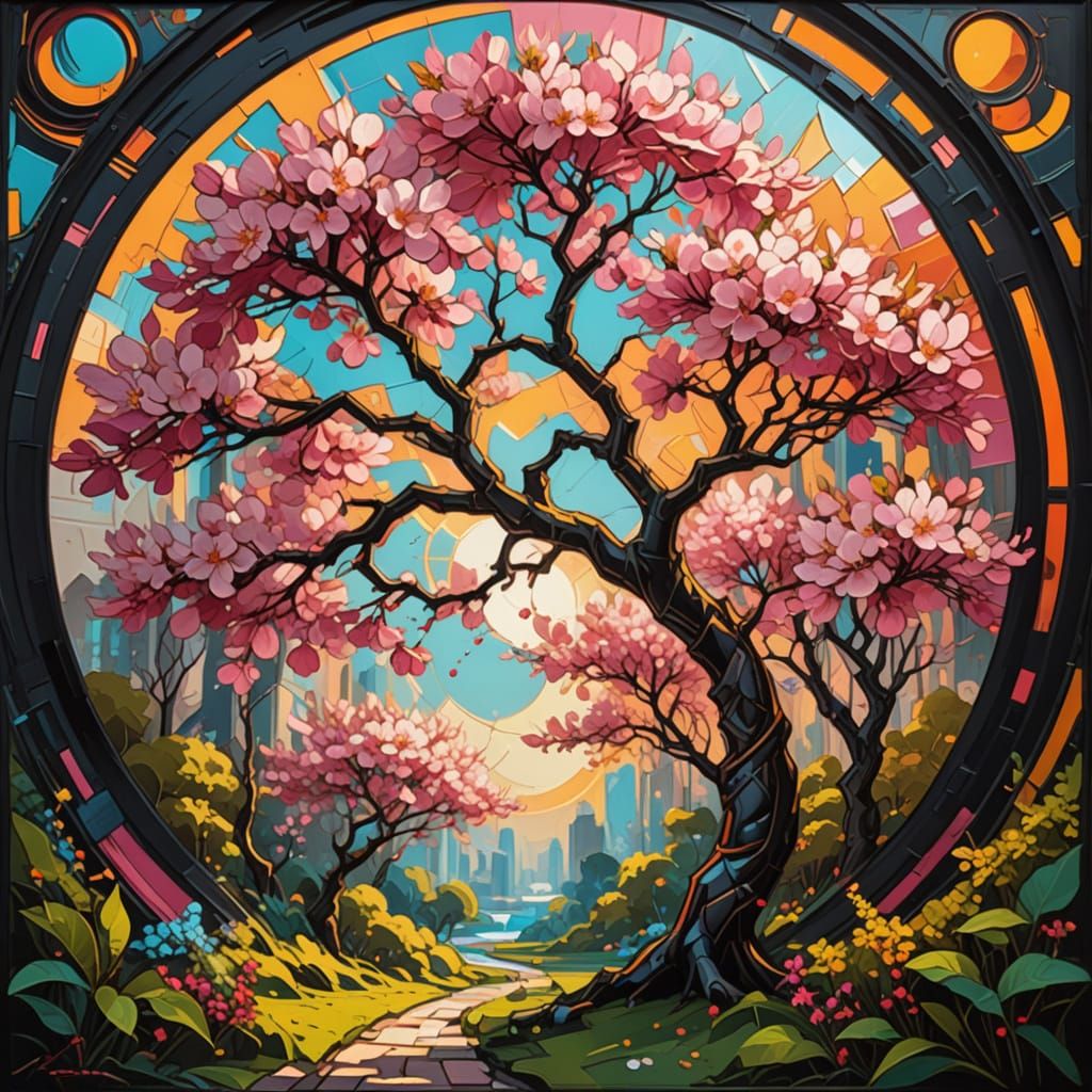 Surreal Cherry Blossom Landscape in Cubist Oil Painting Styl...