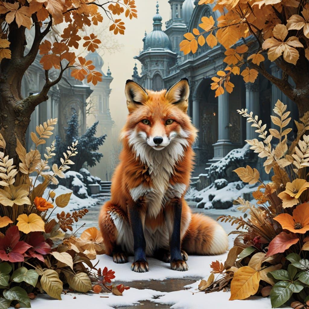 Fox on Snowy Path: Neo-Baroque Urban Fusion