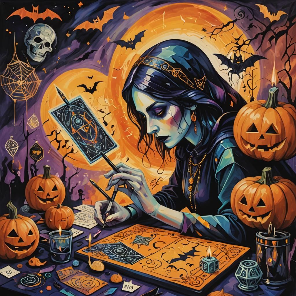 Mystical Halloween Tarot Card in Cubist Digital Art