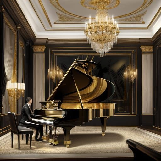 Luxurious Oak Grand Piano with Gold Accents
