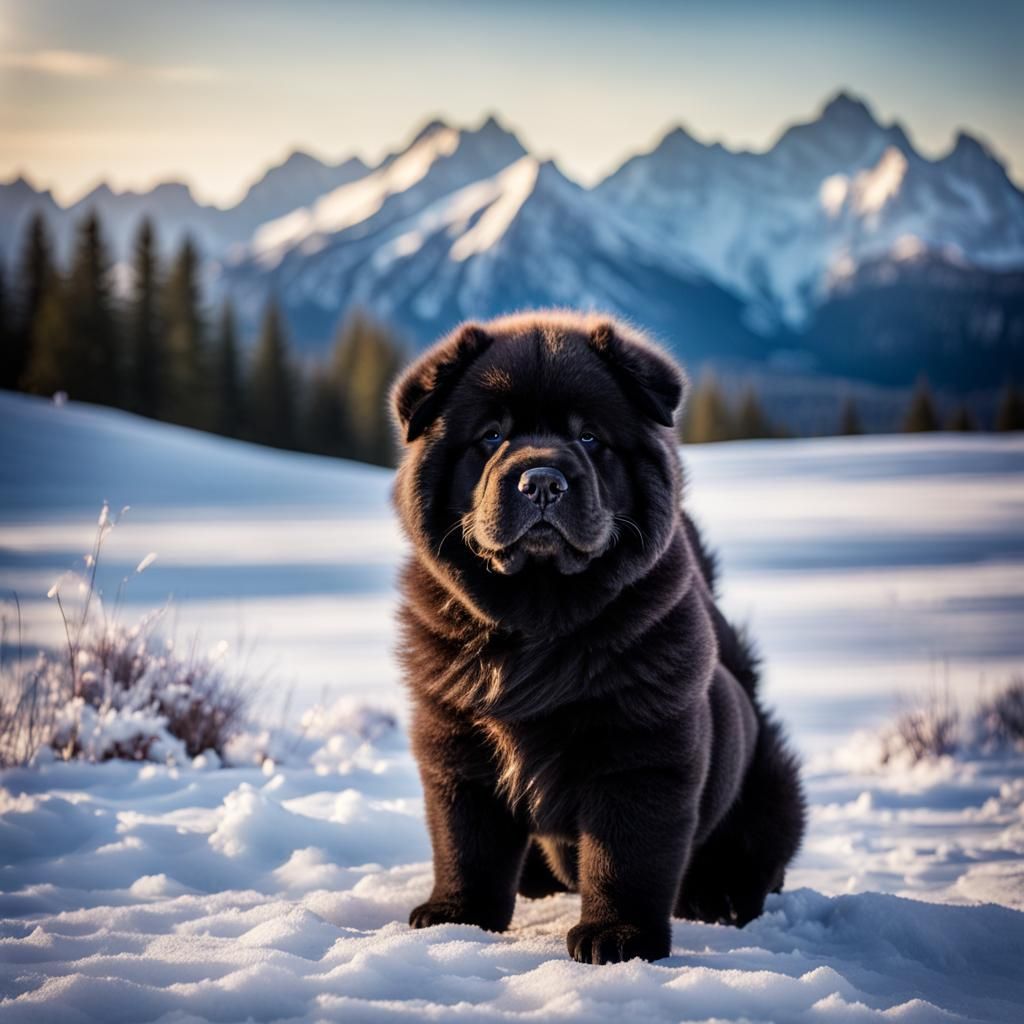 Fluffy Black Chow Chow Puppy in Snowy Mountains