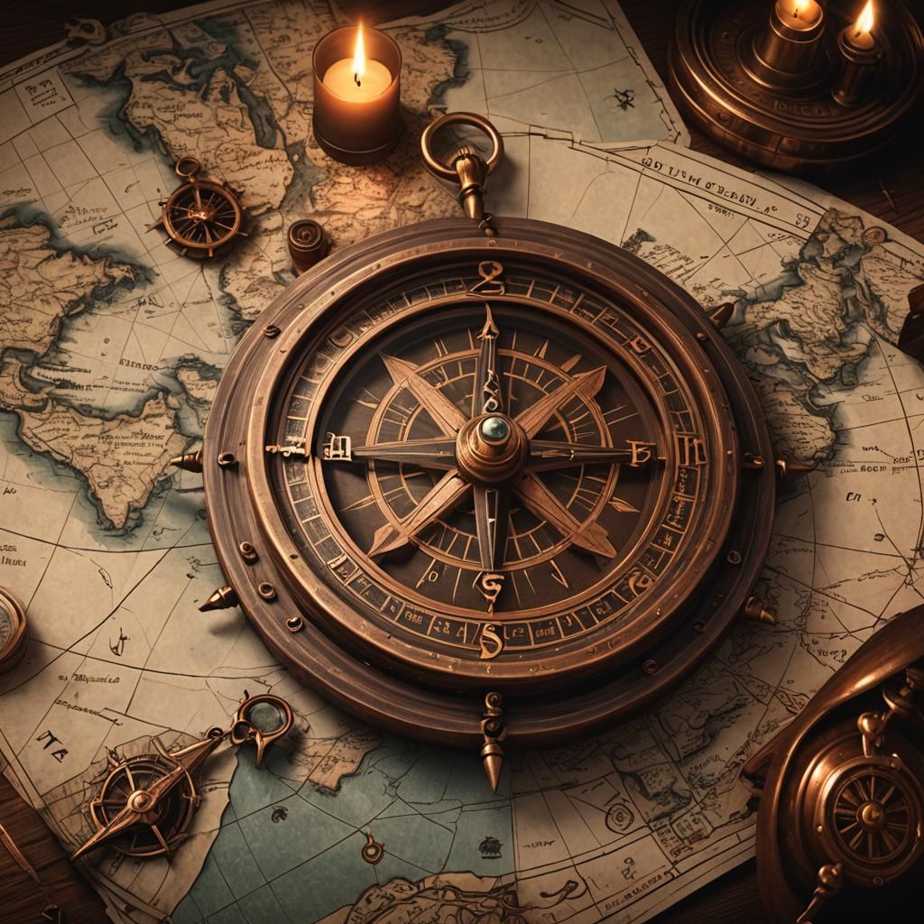 Victorian Copper Compass on Desk with Map