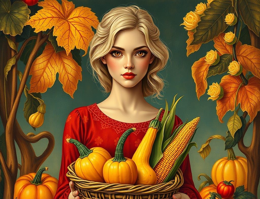 Klimt-Inspired Autumn Harvest with Woman and Pumpkins