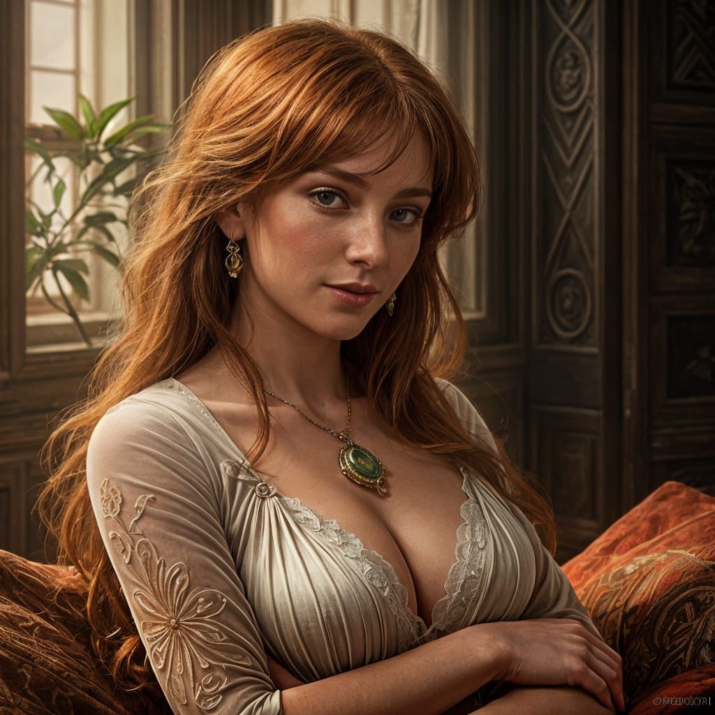 Mysterious Ginger Young Woman Seated in Intimate Ambiance