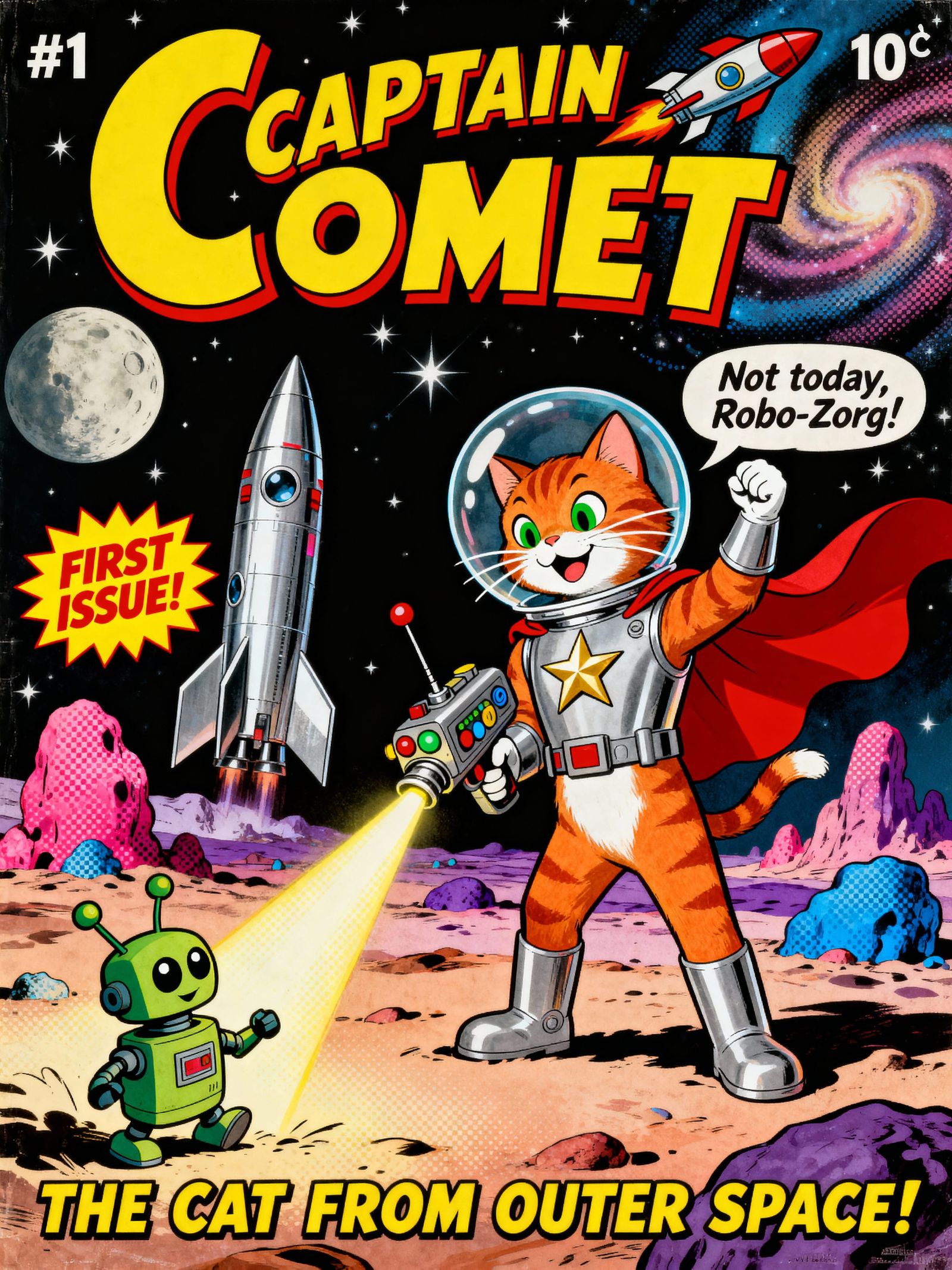 Heroic Orange Tabby Cat in Space Suit Battles Alien Robot
