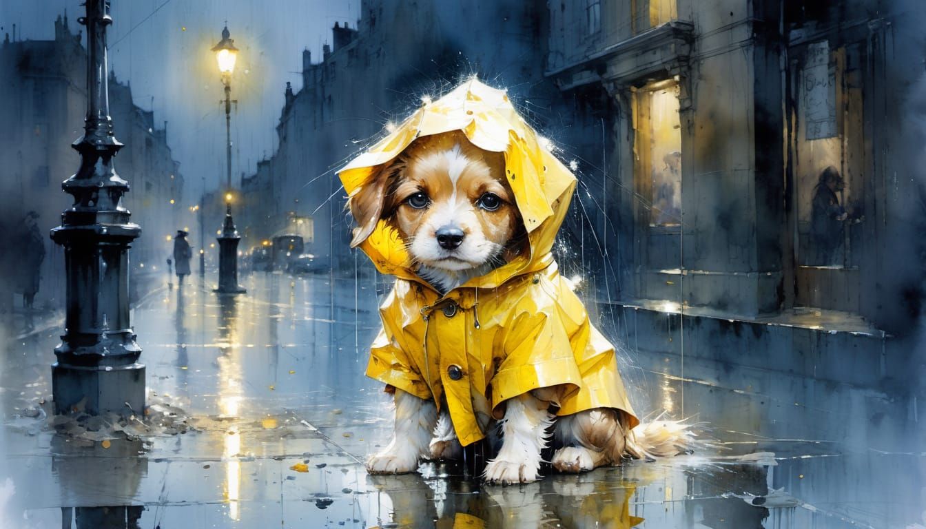 Cute Victorian Puppy in Raincoat, Fairytale Watercolor