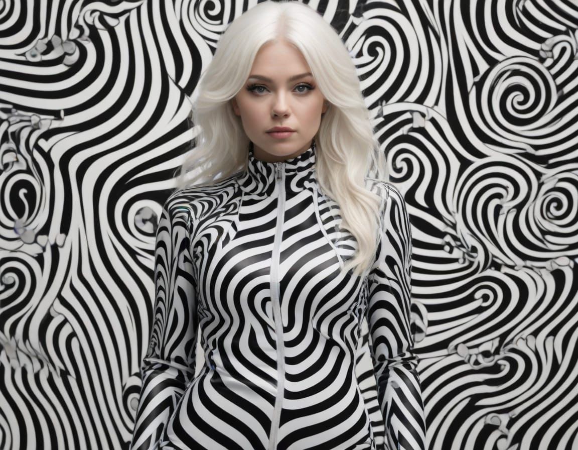 Woman in Hypnotic Black and White Cat Suit
