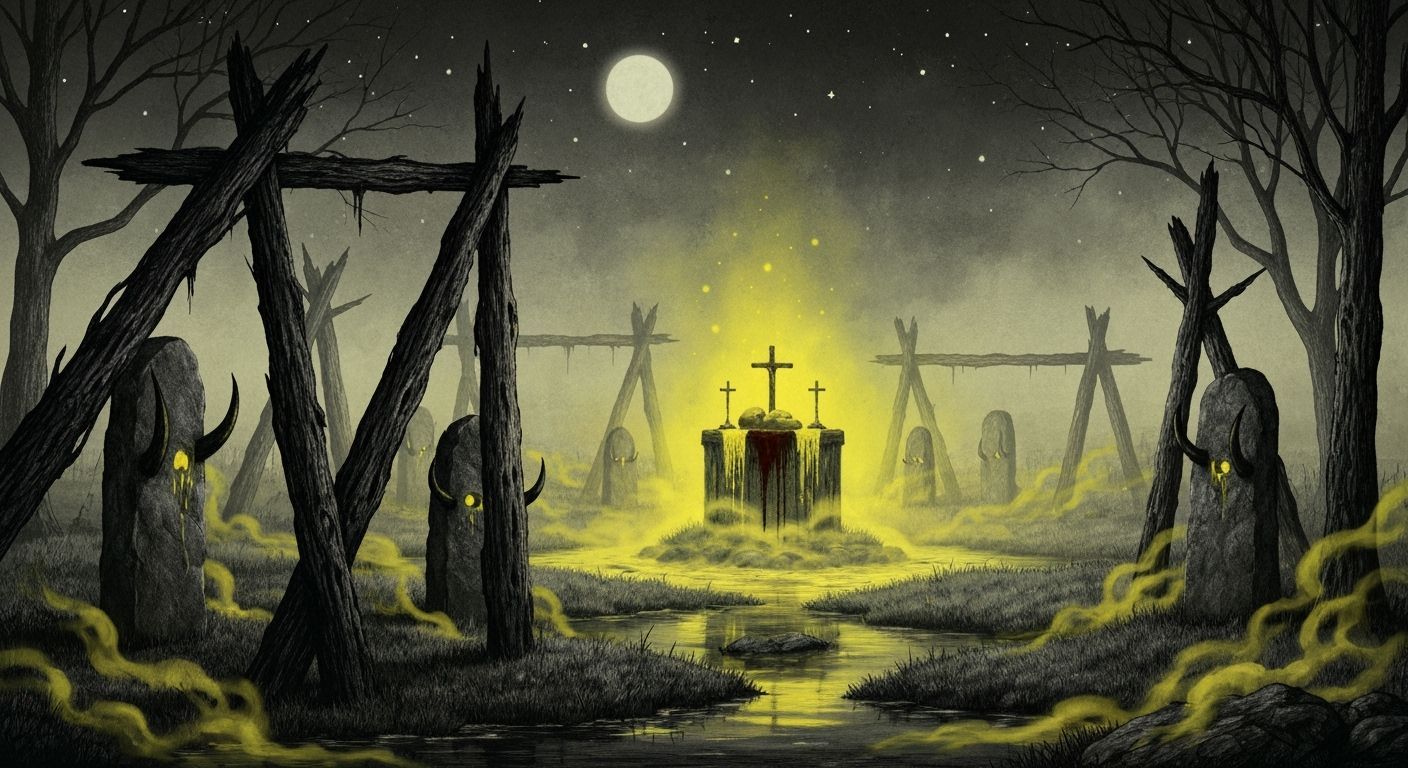 Eerie Bog Altar Under Baleful Stars in Gothic Style