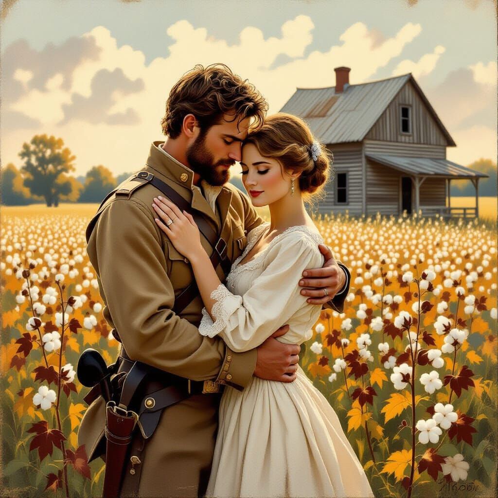 Confederate soldier embracing his fiancée on the way to war