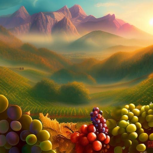 Hyperrealistic Mountain Vineyard at Colorful Sunset