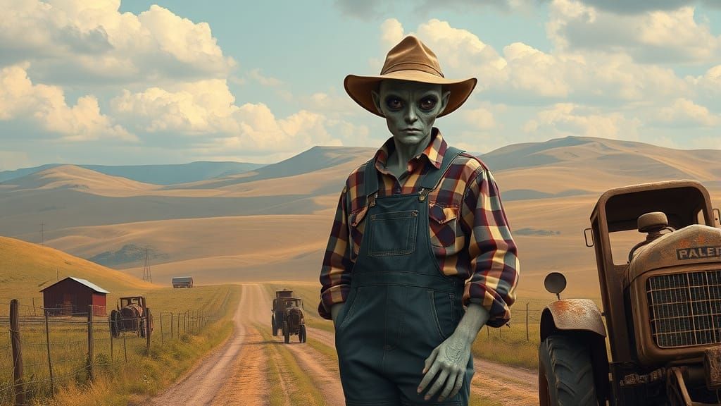 Farmer and Alien in Rural Landscape