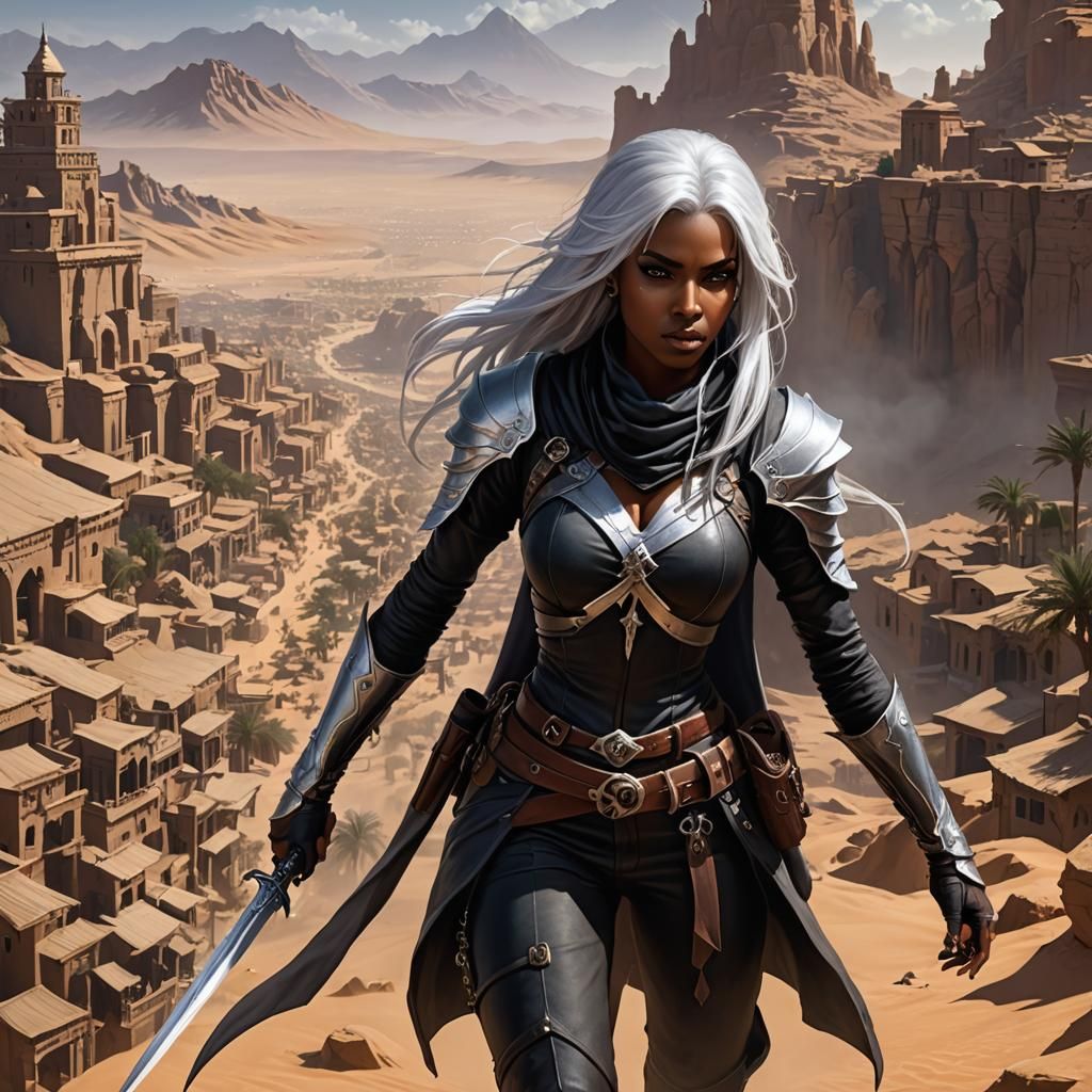 Female Assassin in Desert City: Cinematic Film Still