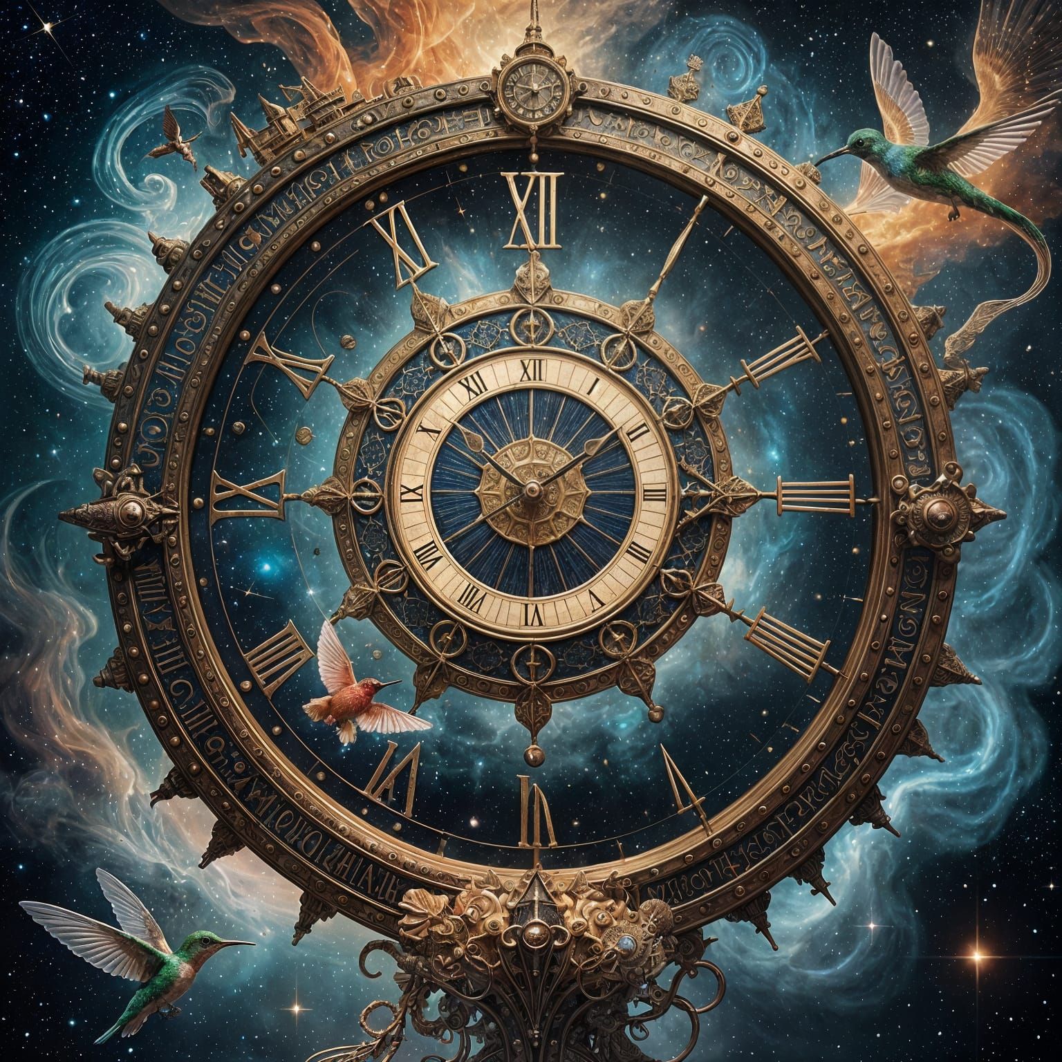 Cosmic Clock Face with Nebulae Hands in Deep Space