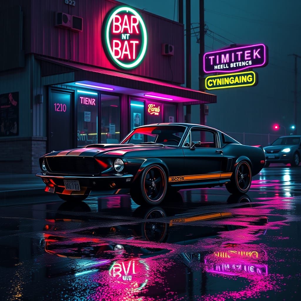 Sleek Cyberpunk Mustang Eleanor at Dystopian Bar's Edge