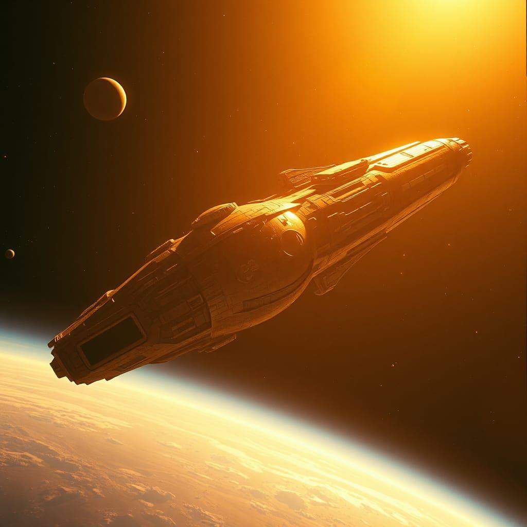 Sci-Fi Space Station Orbiting in Golden Sunlight