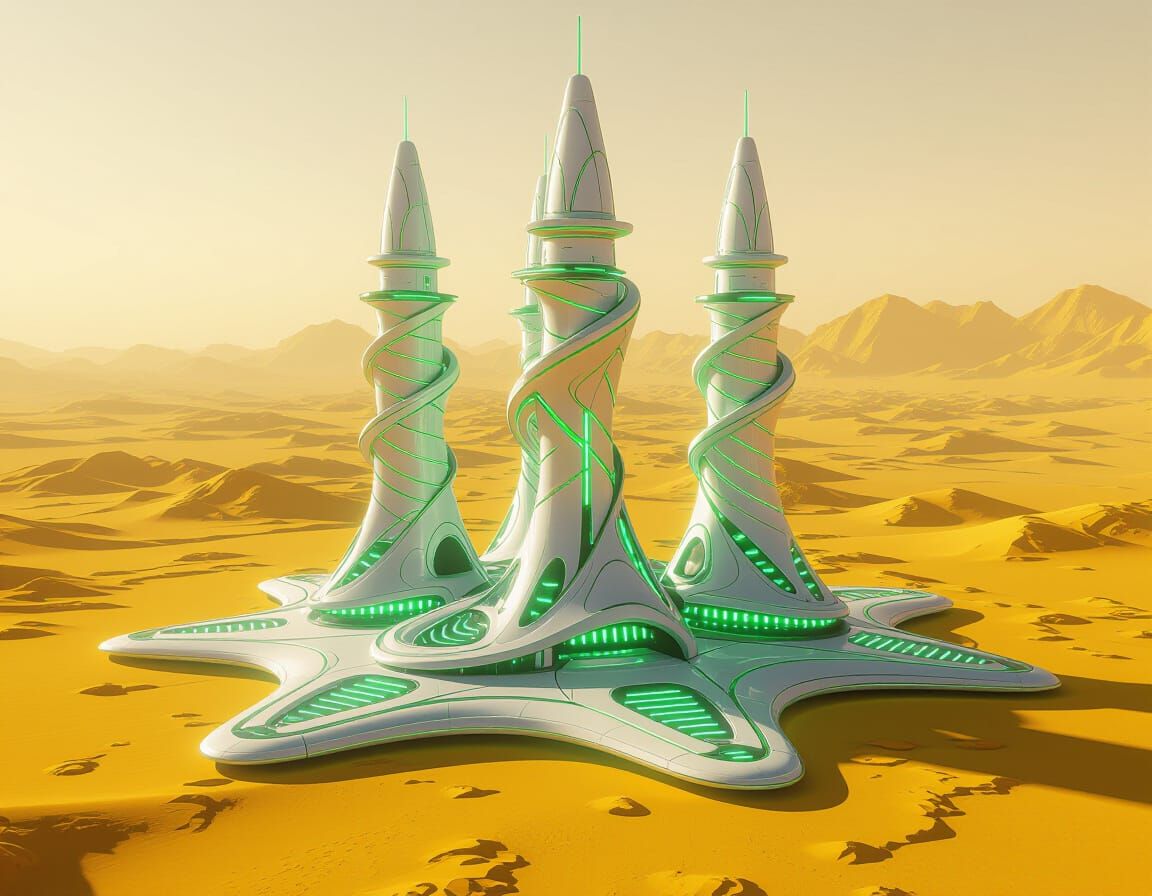 Futuristic Space Station with Spiral Towers on Rocky Planet