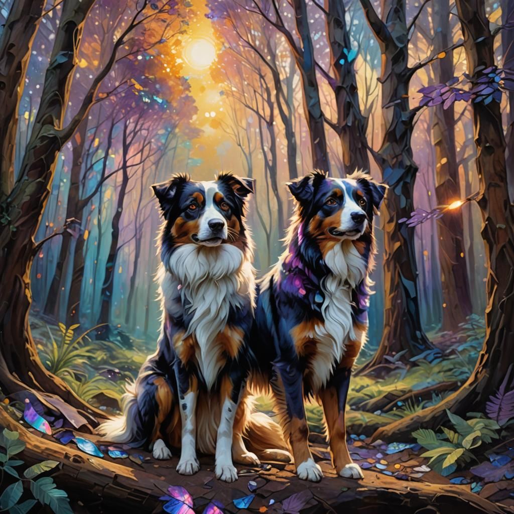 Australian Shepherd in Mystical Forest: Fantasy Concept Art