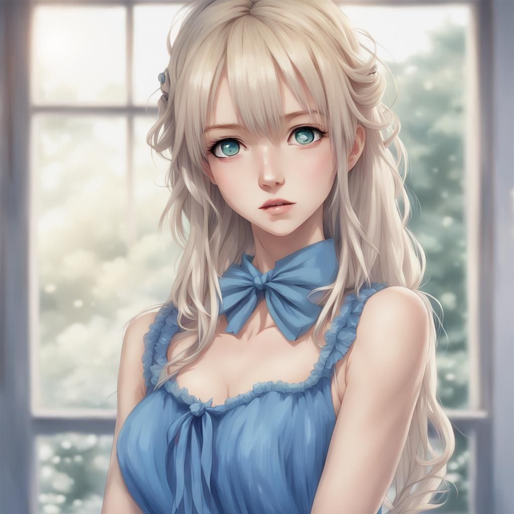 Blonde Girl in Blue Dress Anime Style