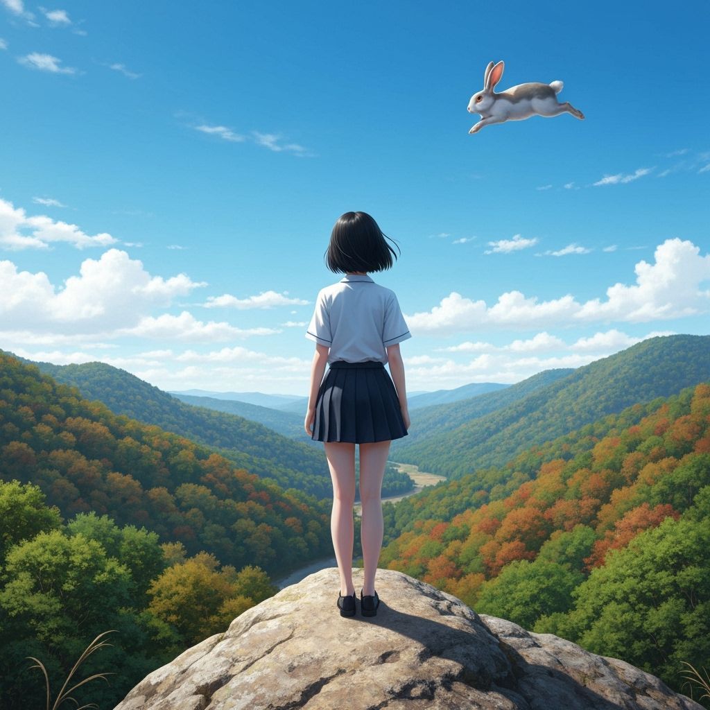 Girl Watches Flying Rabbit Over Valley in Anime Style