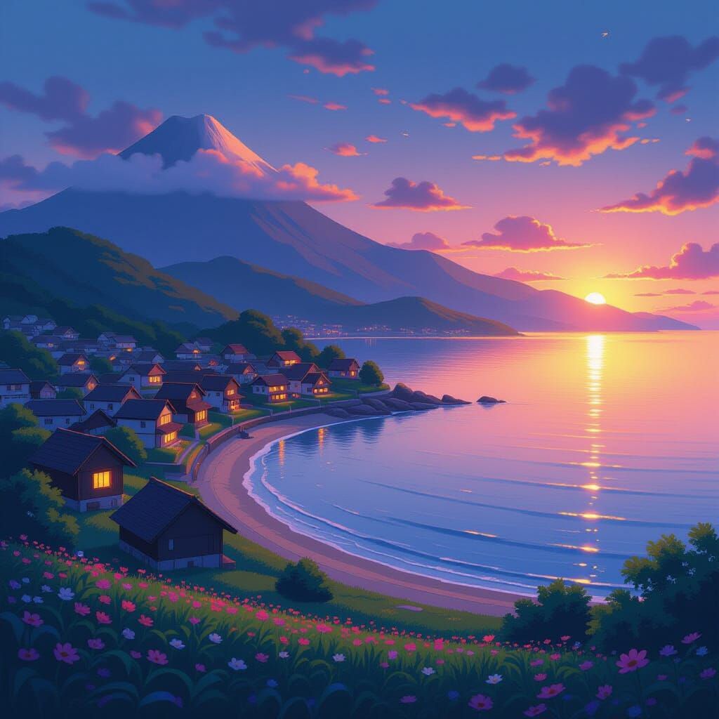 Serene Coastal Village Sunset in Anime Style