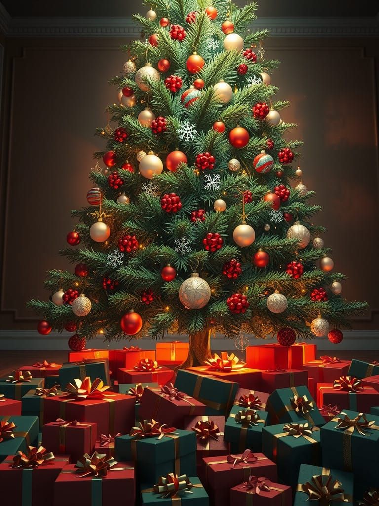 Christmas Tree Decorated with Ornaments and Presents