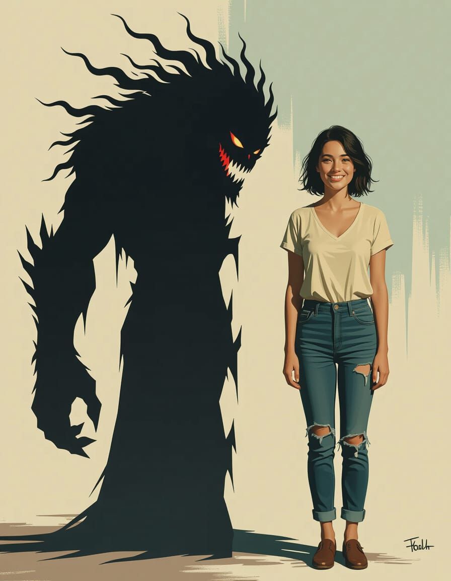 Split Portrait: Shadow Becomes Monster of Self-Doubt