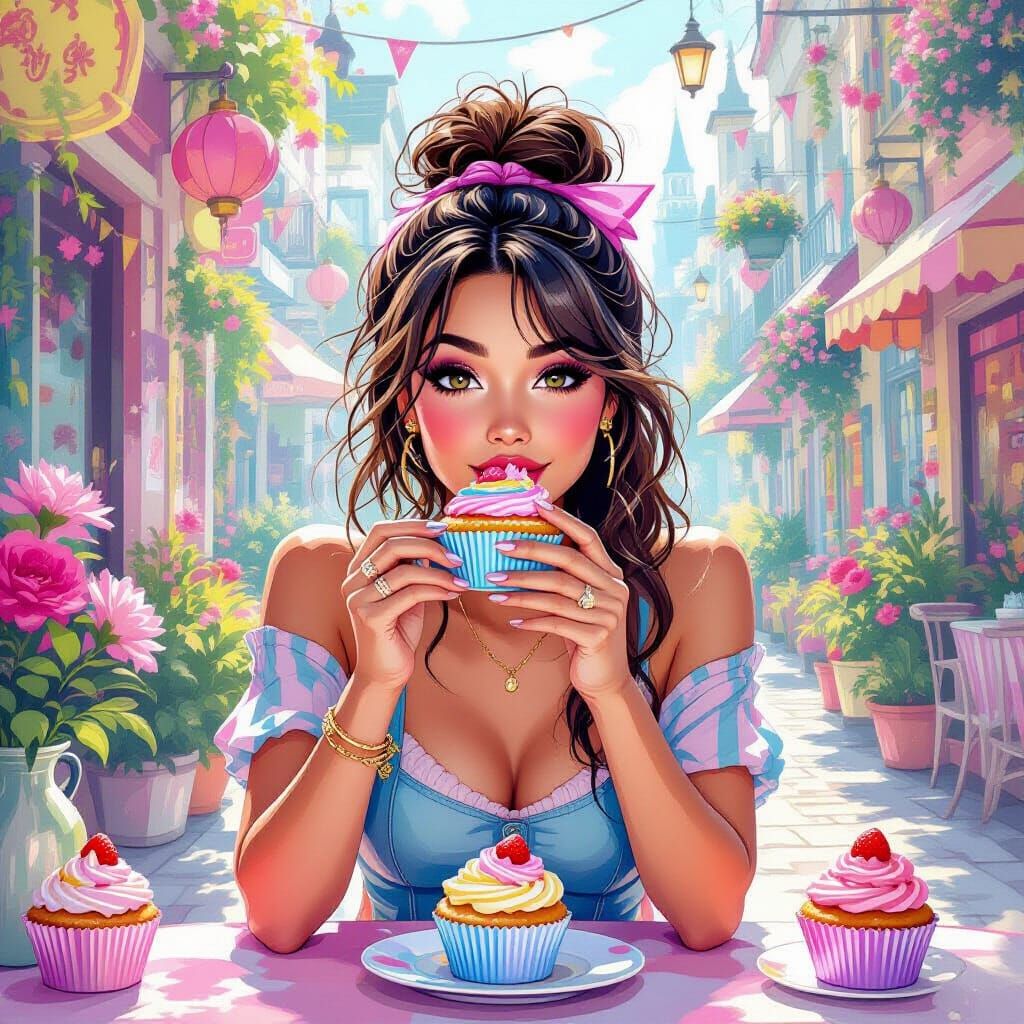 Woman Eating Cupcakes in Digital Watercolor Style