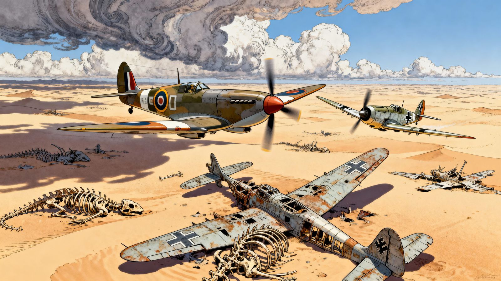 WWII Aerial Duel Over Sahara Desert in Moebius Style