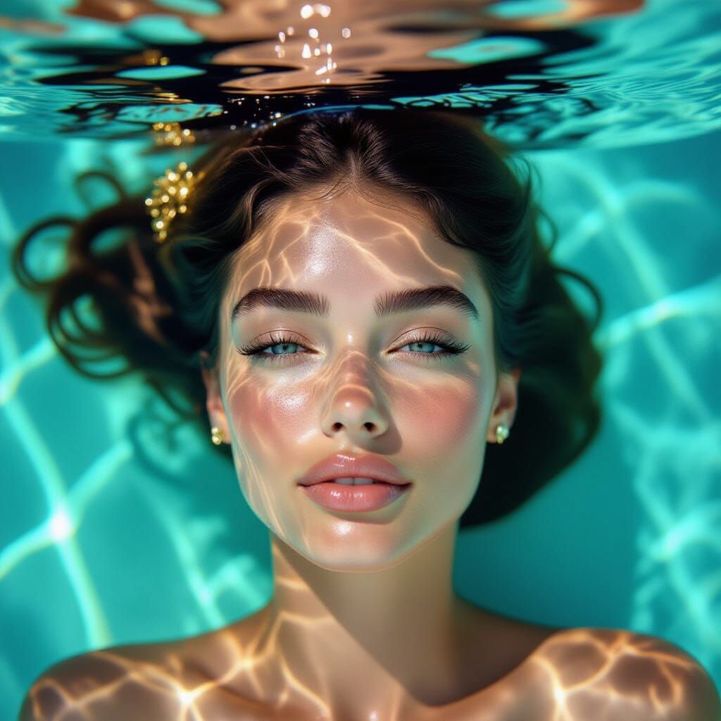 Editorial Portrait: Model Floating in Turquoise Pool