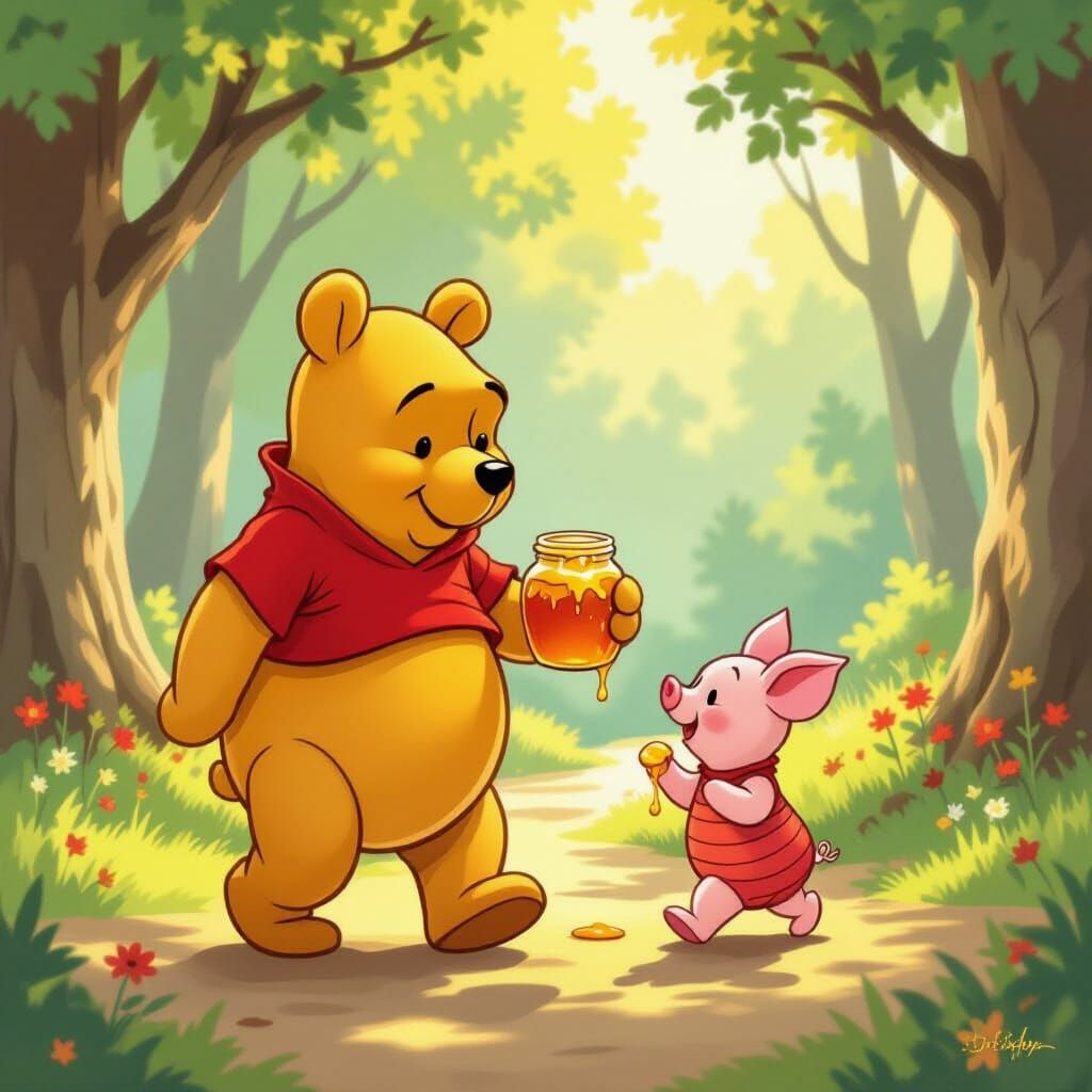 Winnie the Pooh and Piglet Enjoying Honey in the Woods