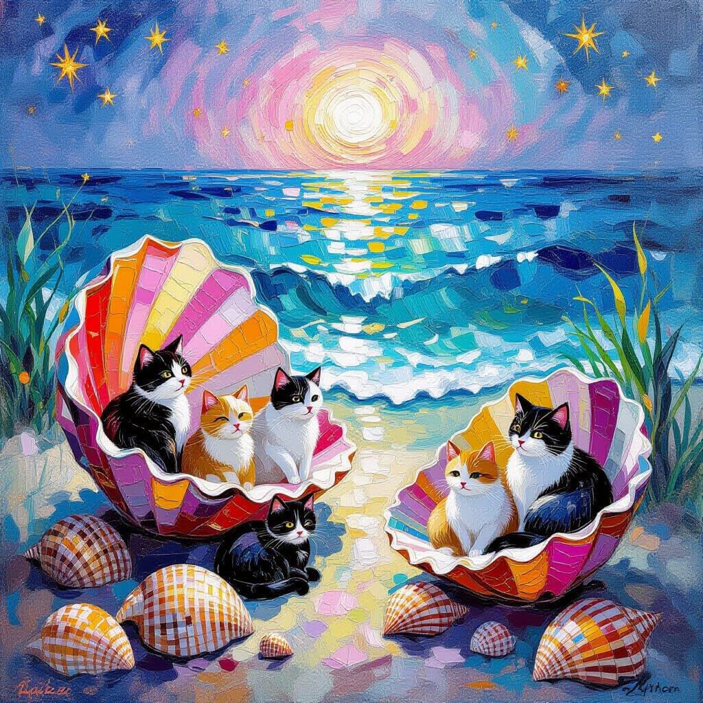 Cats in Seashells Under Aurora Borealis, Klimt Gold Style