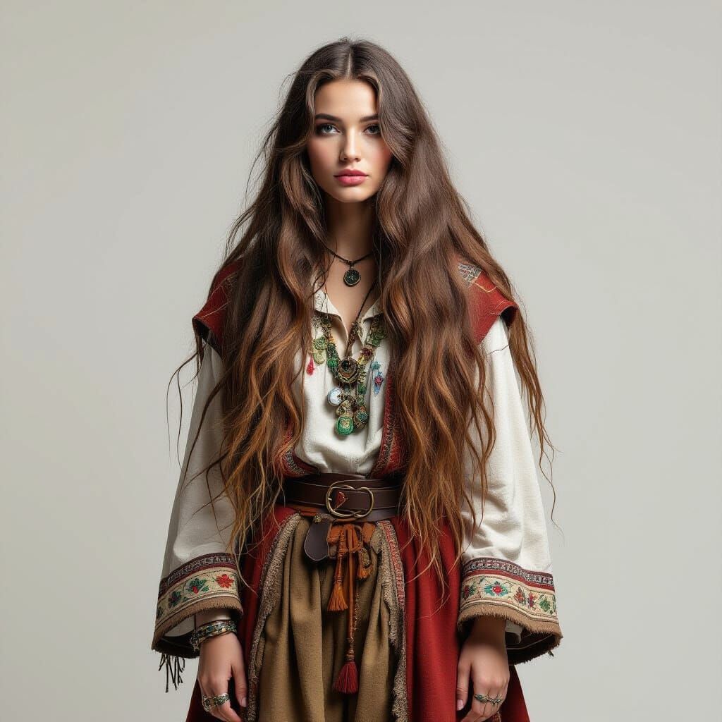 Woman with Long Hair and Unique Attire