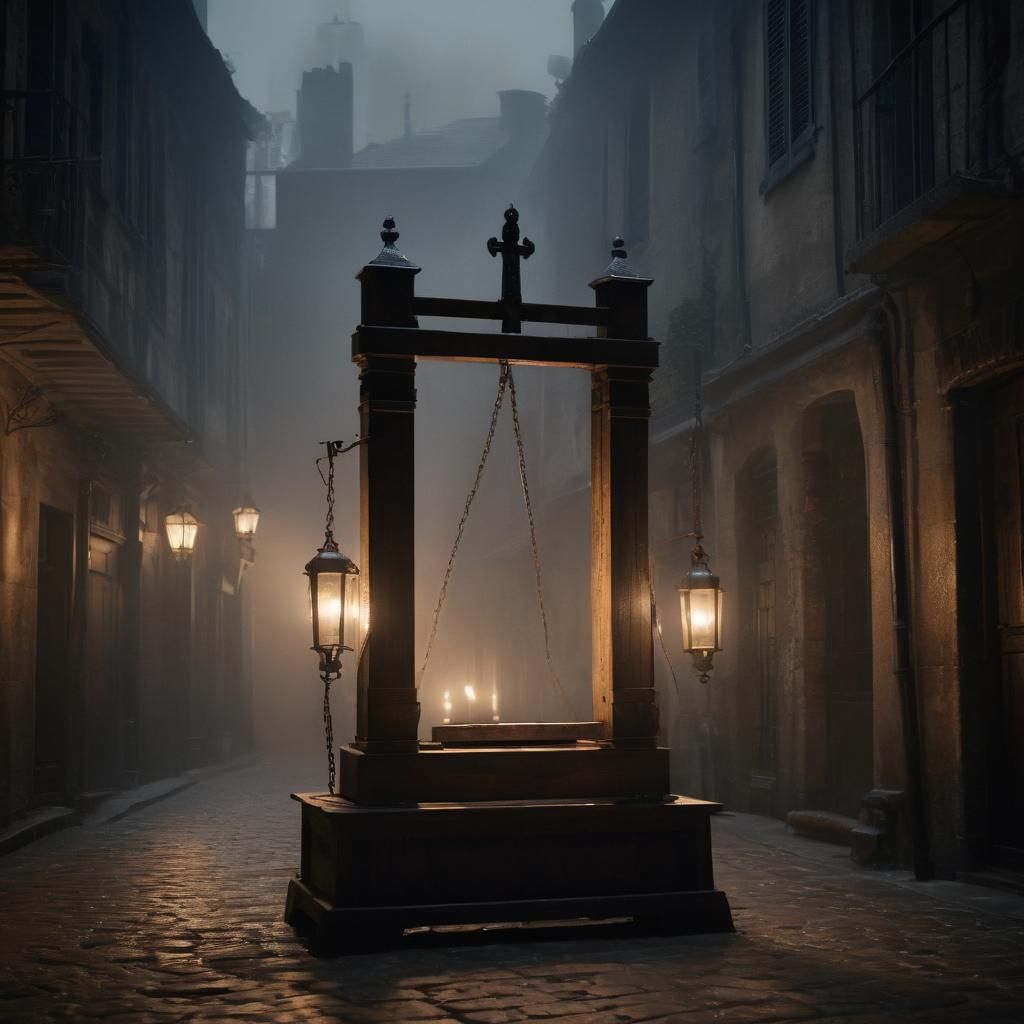 Guillotine in Misty Alleyway: 18th Century French Revolution