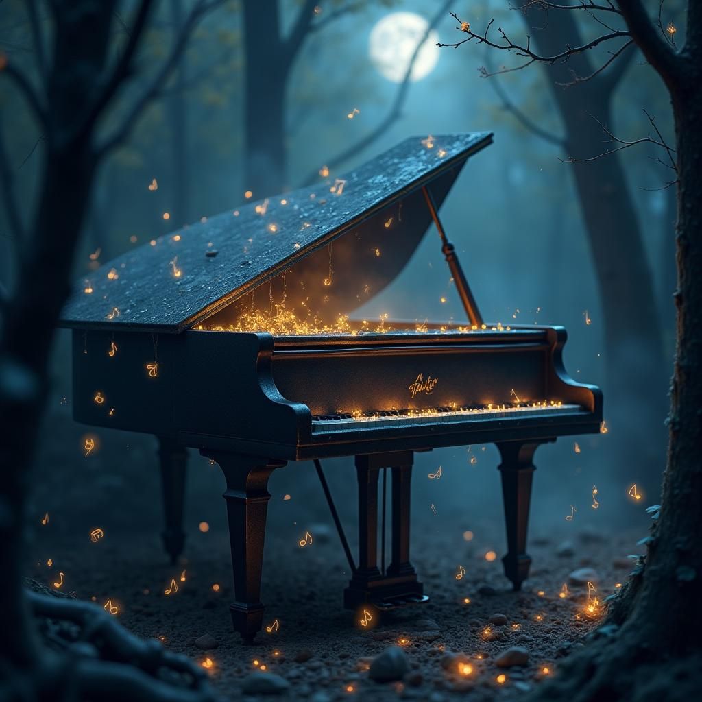 Ethereal Music Notes on Piano in Enchanted Forest