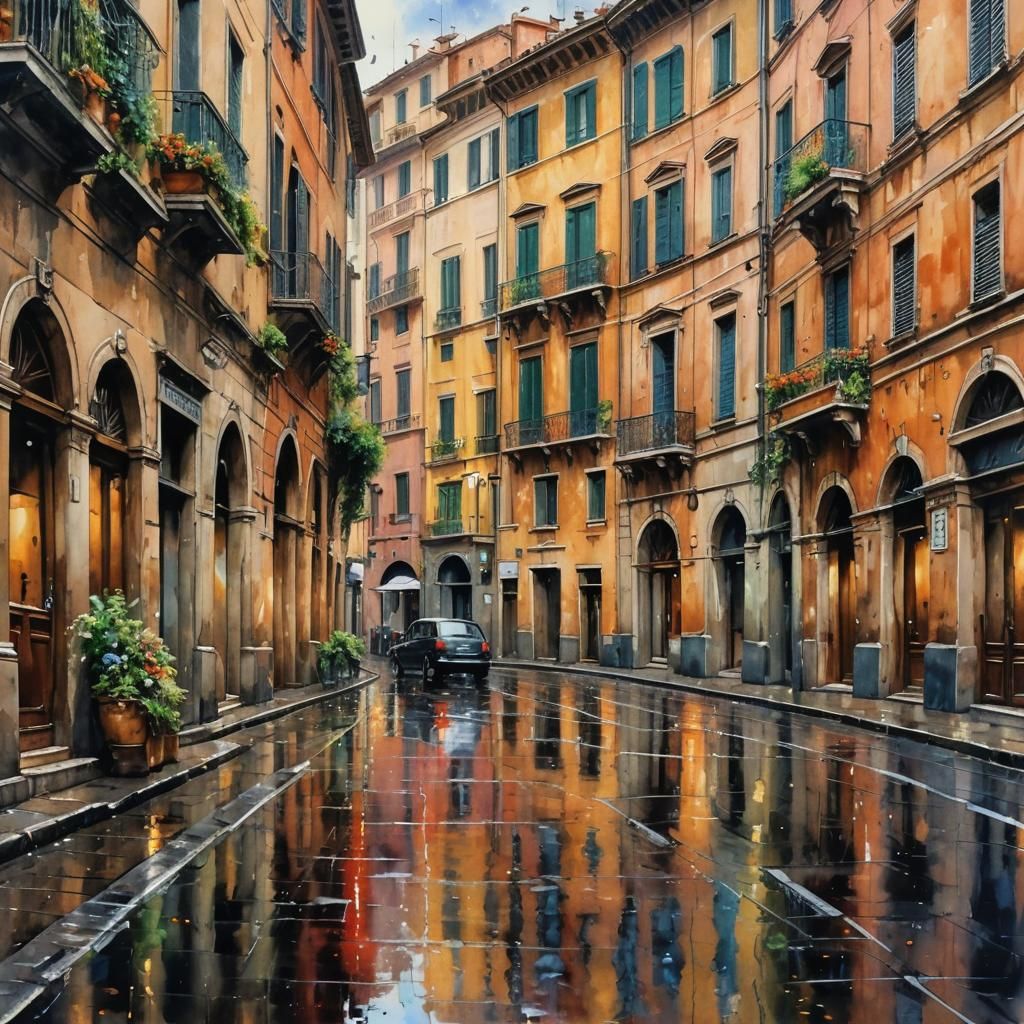 Rome Street After Rain: Hyperrealistic Watercolor Art