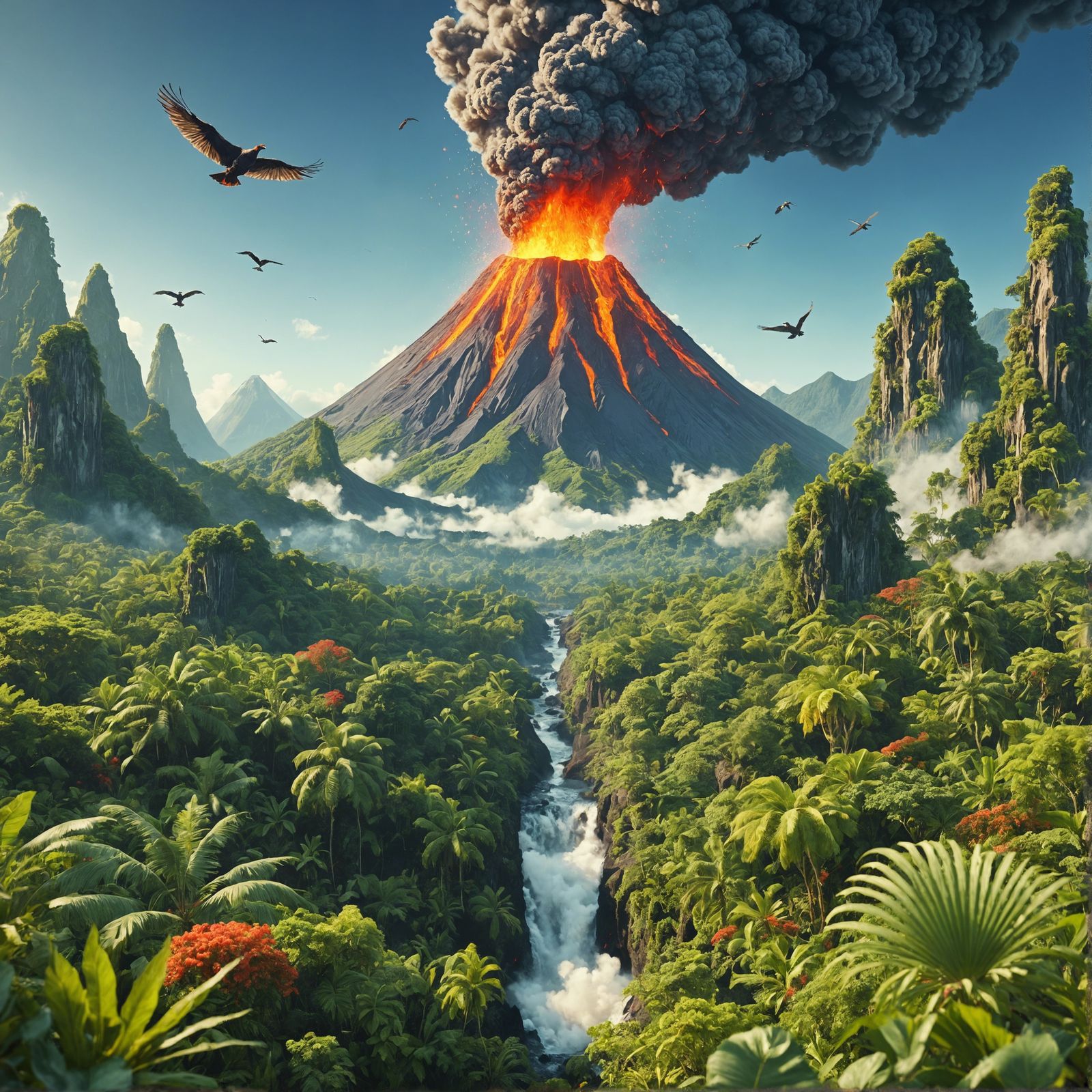 Joyful Volcano Eruption in Lush Jungle: CGI Illustration