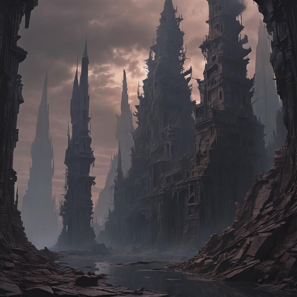 Ruined City in Abyss: Concept Art in Dark Palette