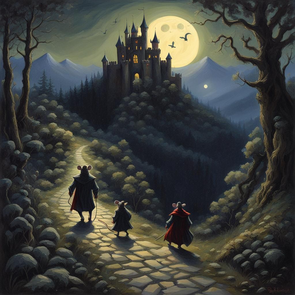 Sinister Castle with Mice in Forest at Night
