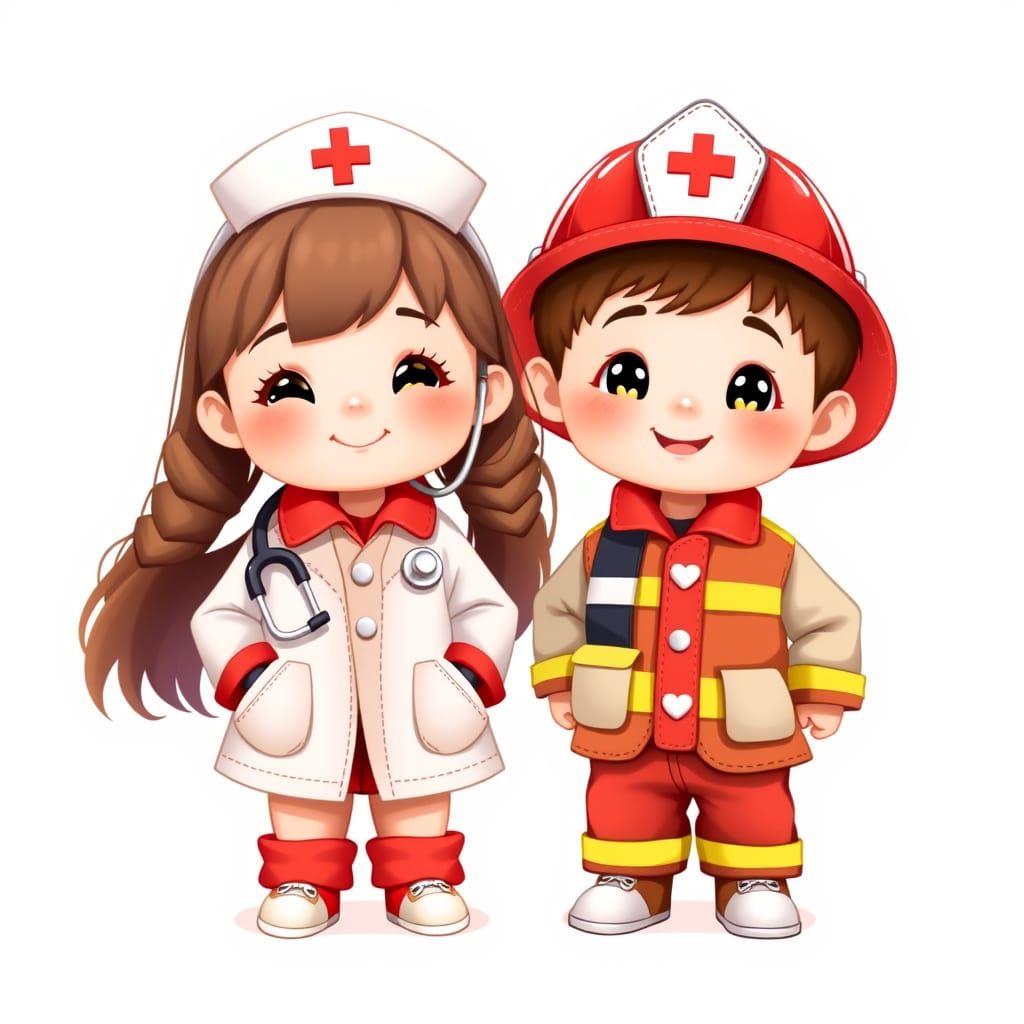 Chibi Doctor and Firefighter in Vector Art Style