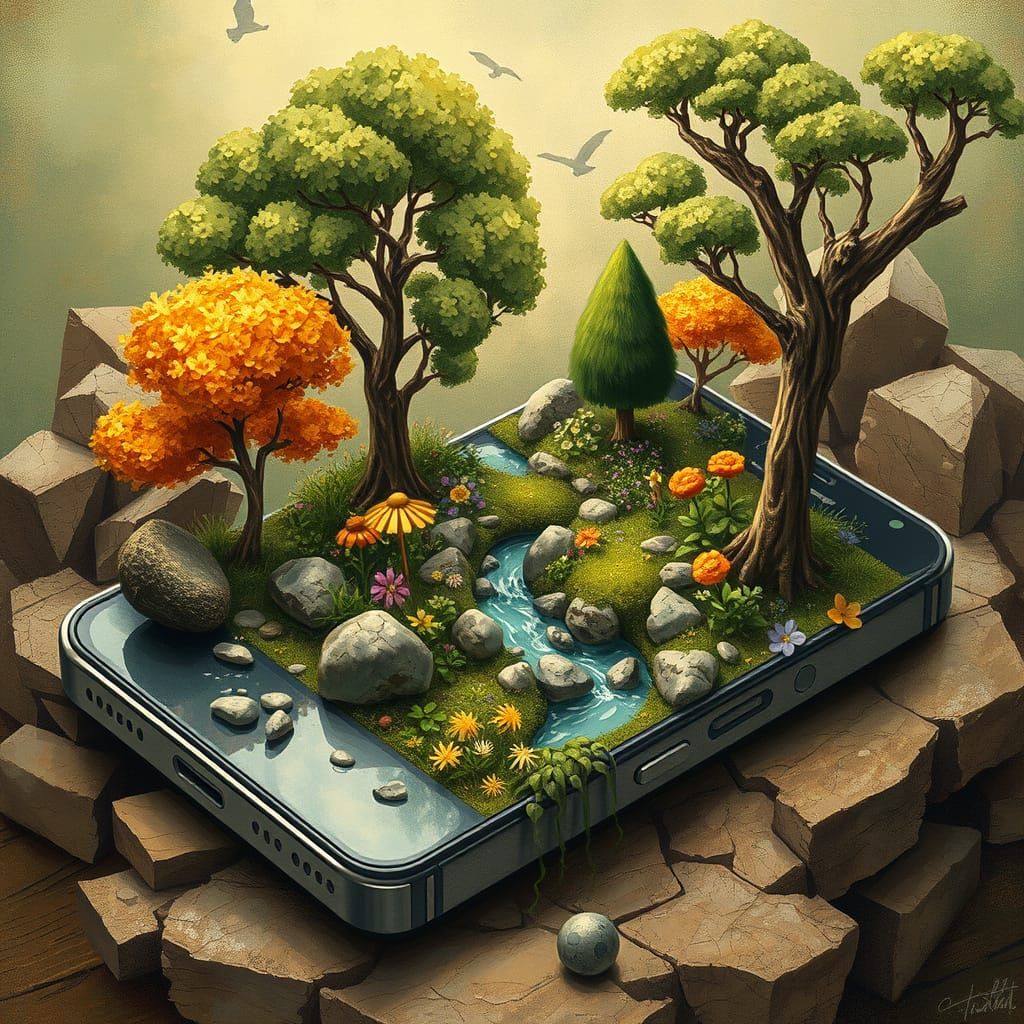 Miniature Garden Thriving Inside Broken Smartphone
