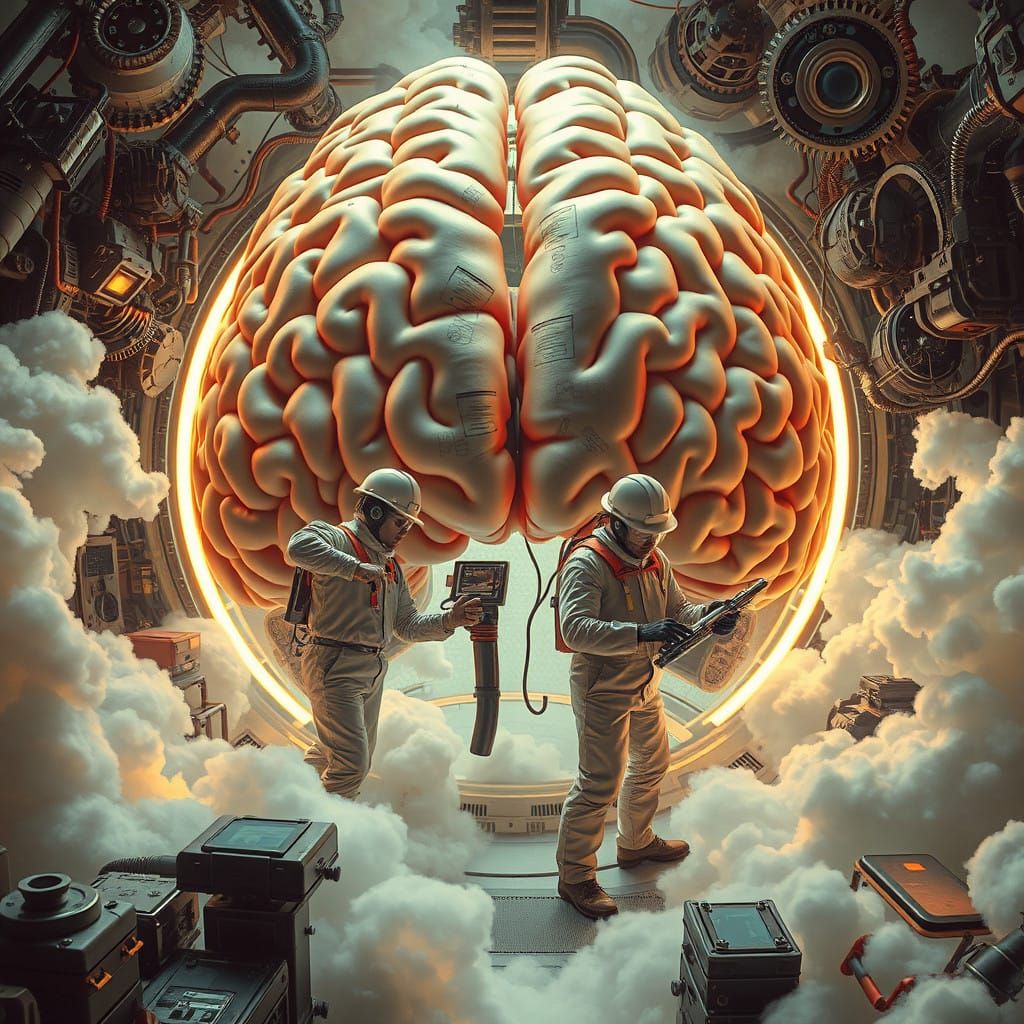 Surreal Workers in a Whimsical Brain Dreamscape