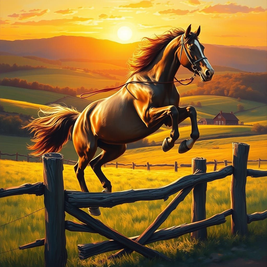 Majestic Horse Soars Over Rustic Fence at Sunset