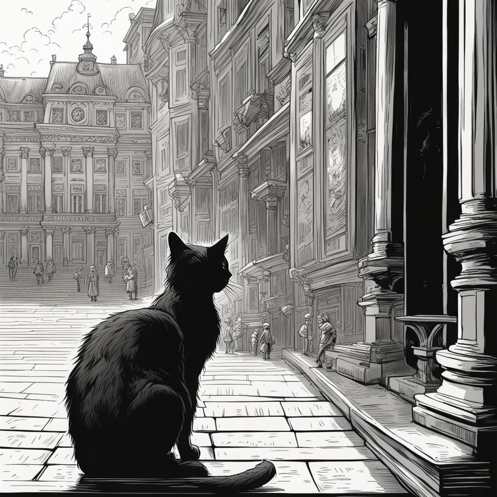 Cat Visits Vienna: Tenniel-esque Black and White Drawing