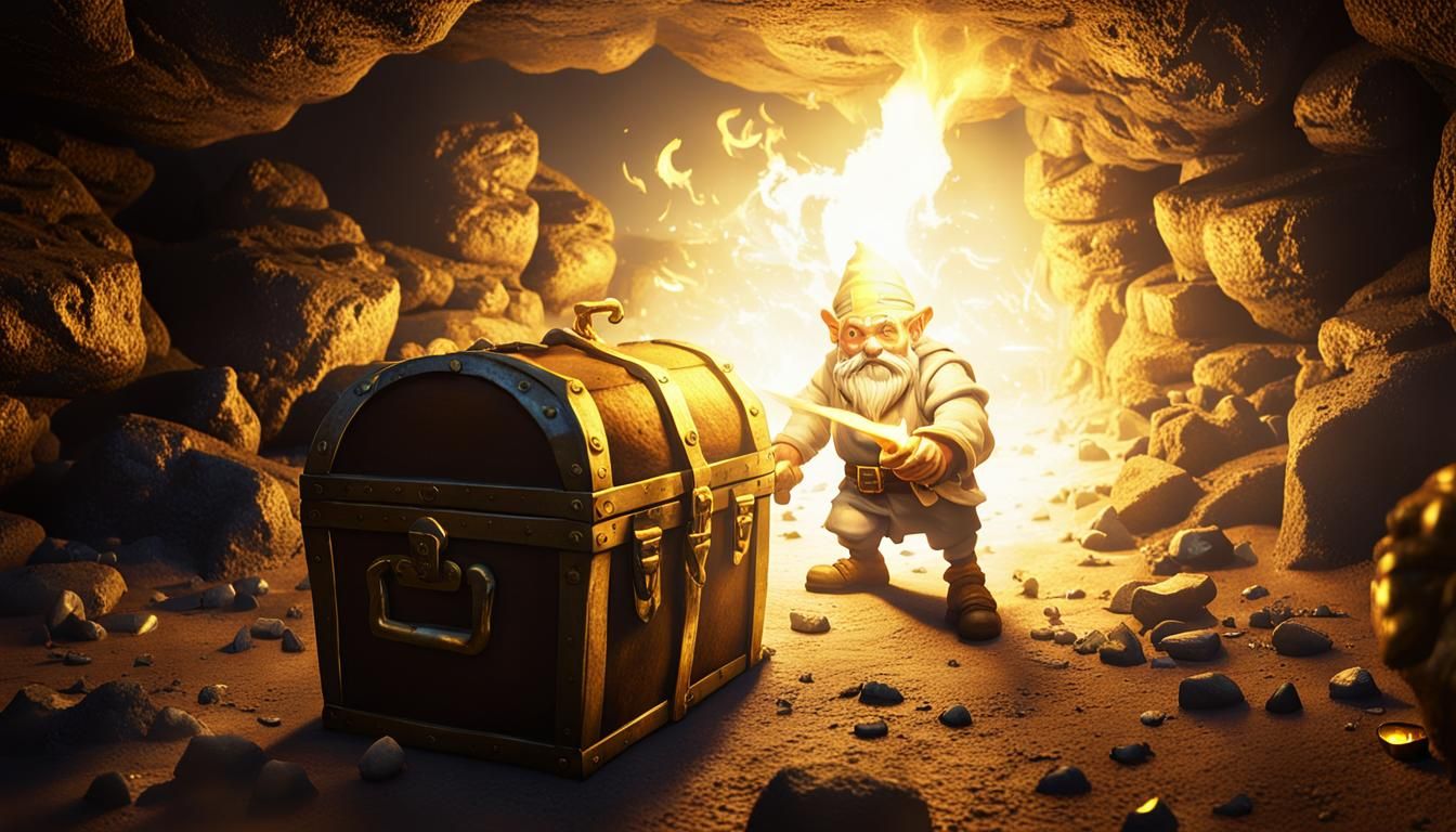 Gnome Finds Treasure in Cave, Hyperrealistic Comic Art