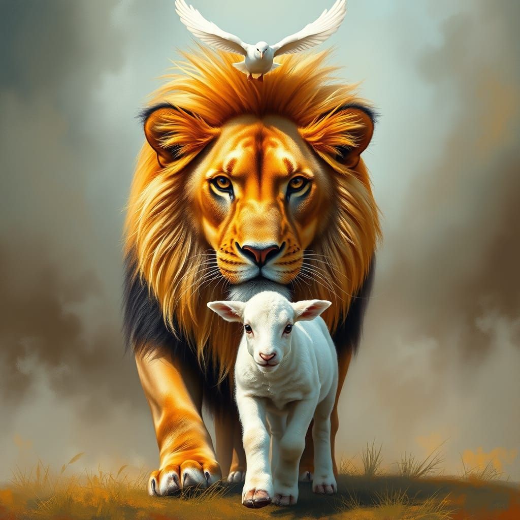 Regal Lion Surrounded by Serenity in Vibrant Oil and Acrylic...