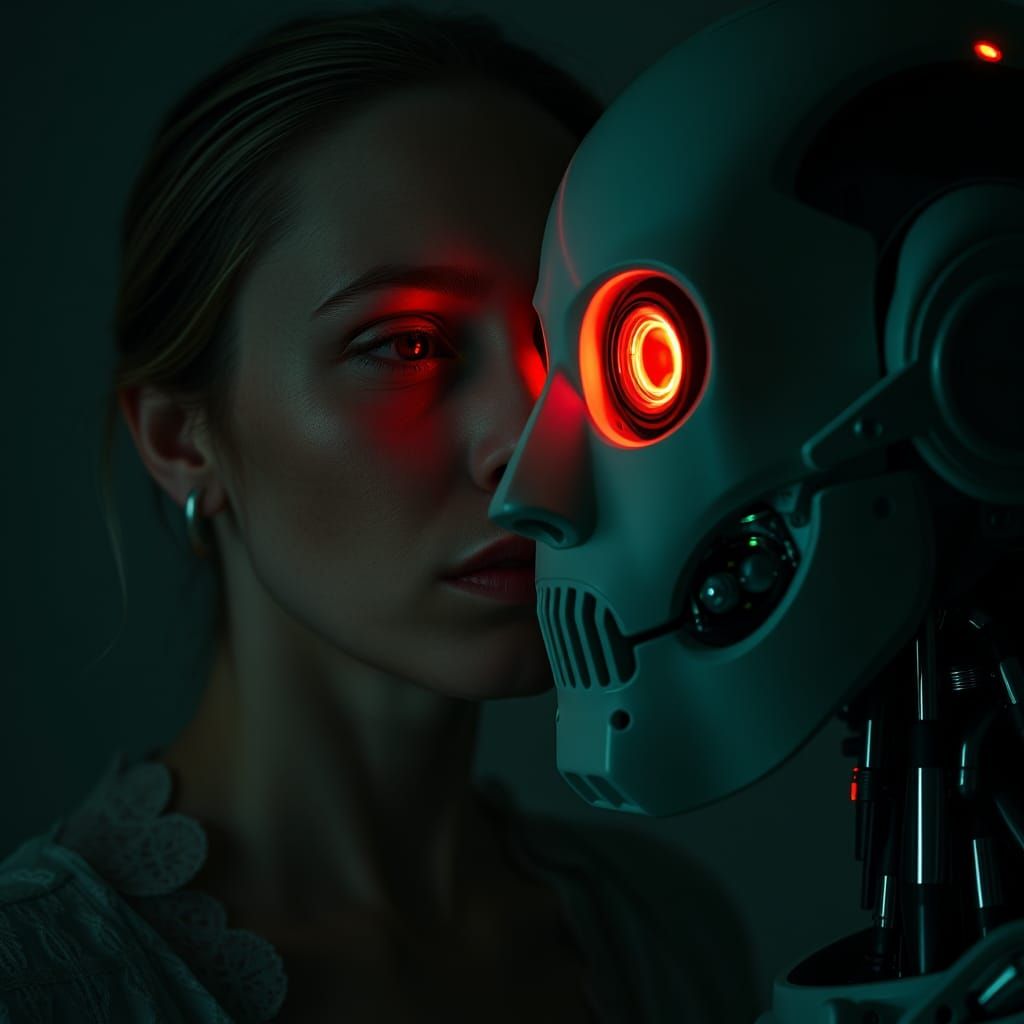 Woman Confronts Robot Mask in Dystopian Future