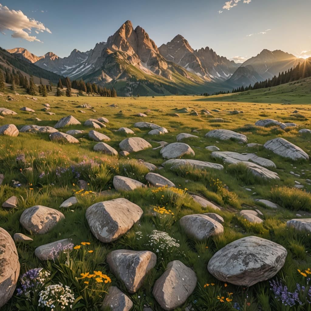 Sunrise Landscape with Mountains and Wildflowers